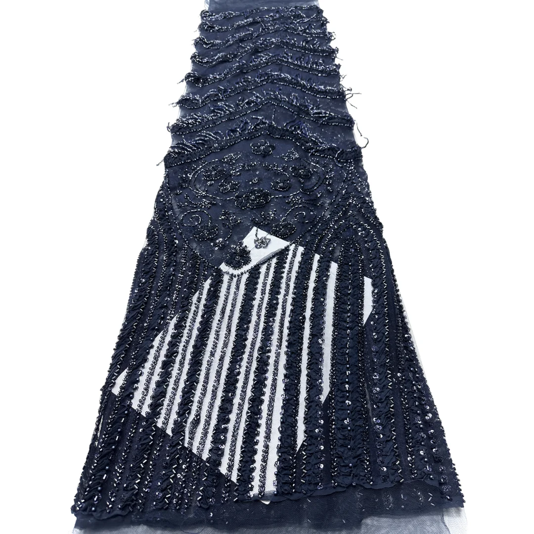 

Royal Blue French Tulle Lace Fabric 1 Yards Line Embroidery Sequins Beaded High Quality African Lace For Party Evening Dress