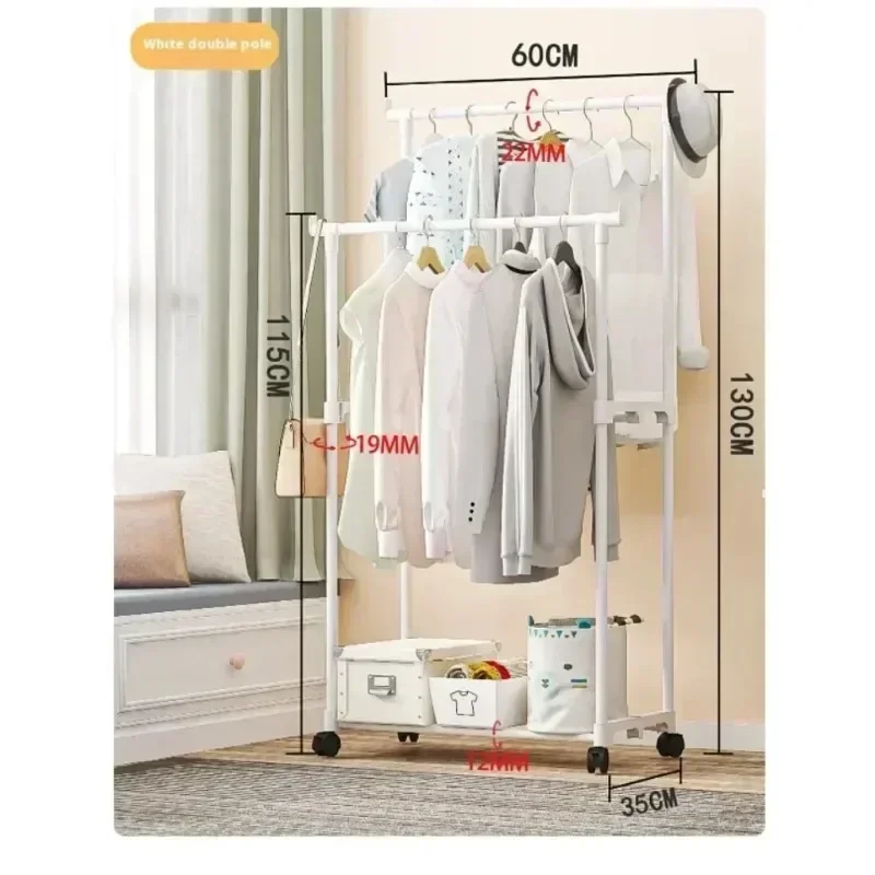 Coat Rack Movable Double Clothes Shelf Simple Rod Clothes  Floor-Standing Bedroom Telescopic Floor Hangers Storage Coat Rack