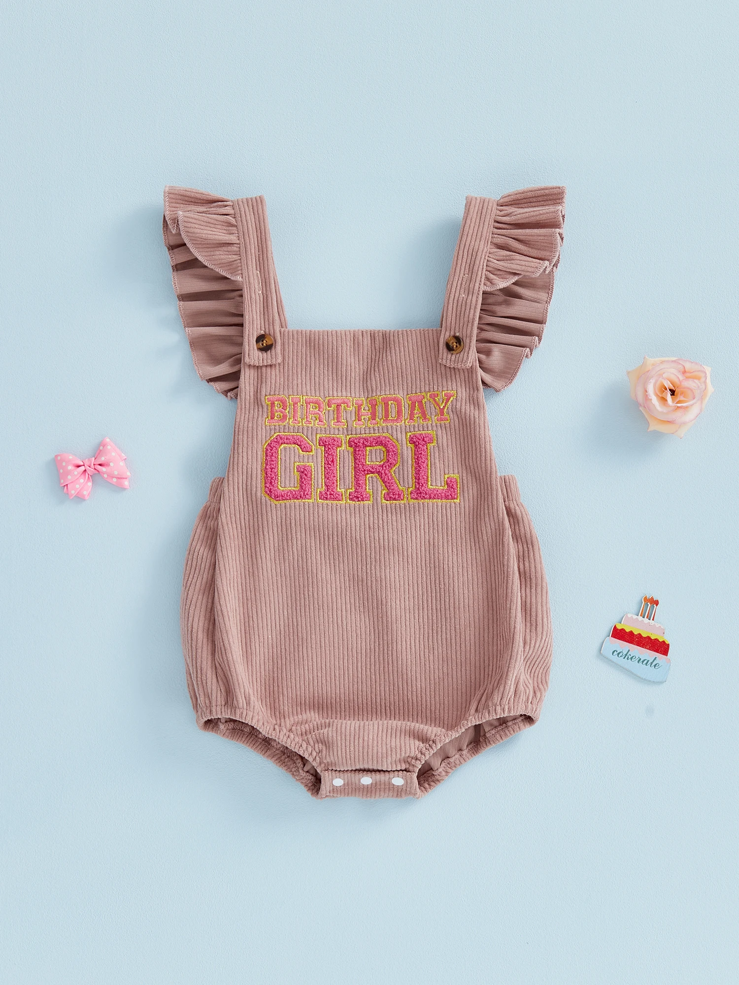 

Adorable Baby Girl Romper with Flutter Sleeves and Square Neckline Featuring Embroidered Letters and Birthday Theme Perfect