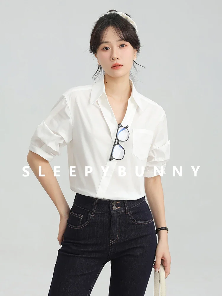 قميص أبيض بأكمام منتفخة بلوزة مكتب صيفية فضفاضة بأزرار سفلية مع ياقة وجيب ملابس عمل يومية غير رسمية #3