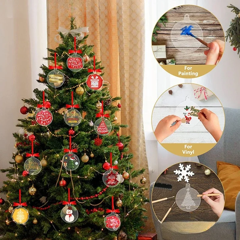 5pcs 7.5cm Xmas Acrylic Circles Discs DIY Clear Christmas Baubles Acrylic Round Baubles Craft Xmas Tree Hanging Decoration