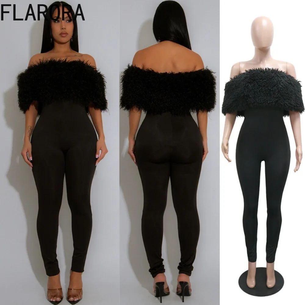 

FLARORA Sexy Furry Patchwork Jumpsuit Woman Off Shoulder Skinny One Piece Overalls Midnight Party Clubwear Jumpsuits 2025 New