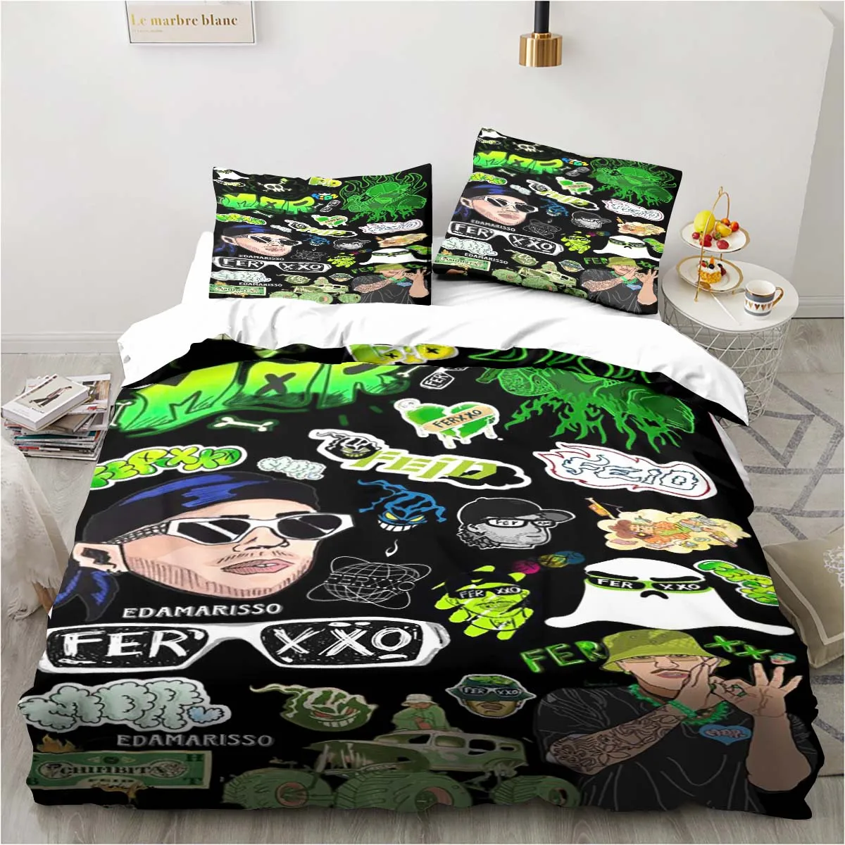 

Feid Ferxxo Rapper Printed Bedding Set Soft Green Duvet Cover Pillow Case Adult Bedroom Single Double King Size Quilt Cover