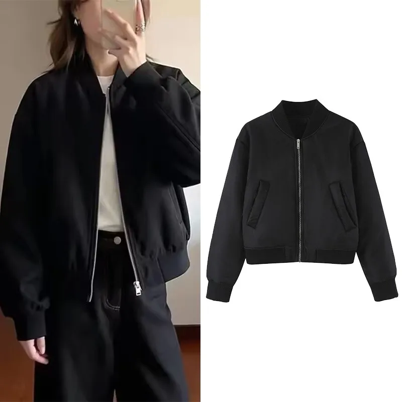 Women's Bomber Jacket With Shoulder Pad New 2026 Autumn High-Collar Long Sleeve Pocket Woman Coat Chic Female Coats