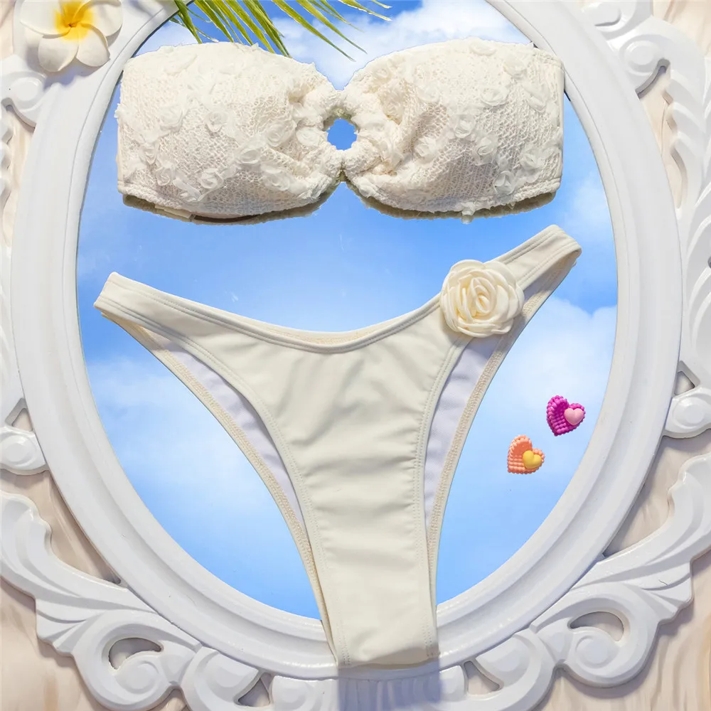 3D Bloem Bandeau Witte Bikini Sets Vrouwen Ring Gekoppeld Badmode Sexy Badpakken Hoge Cut Badpak Terug Geknoopt Bikini Mujer