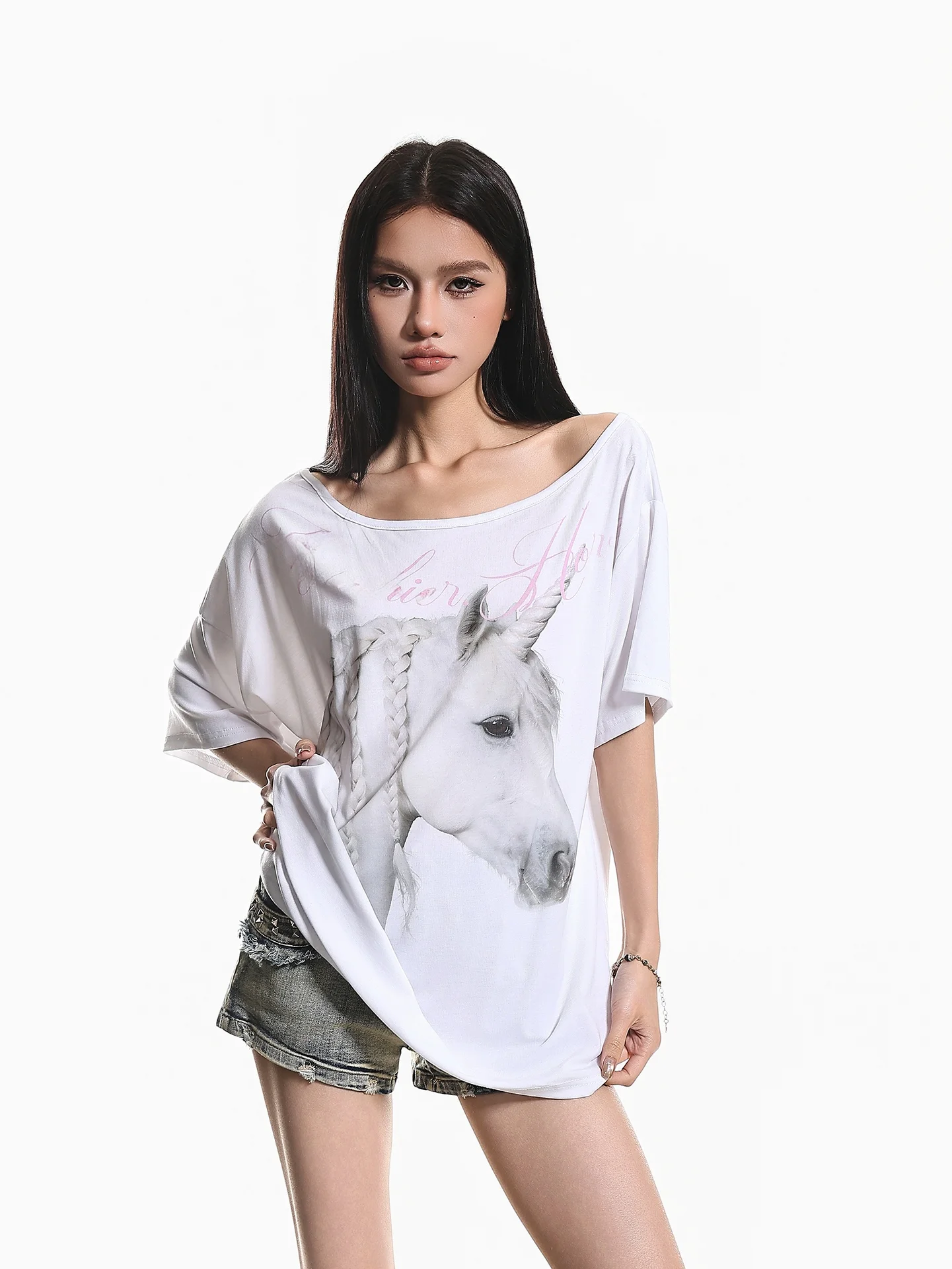 Casual Loose Women's T-shirt Short Sleeve Letter Print Summer New Style Sweet Cool Diagonal Collar Top Street Fashion