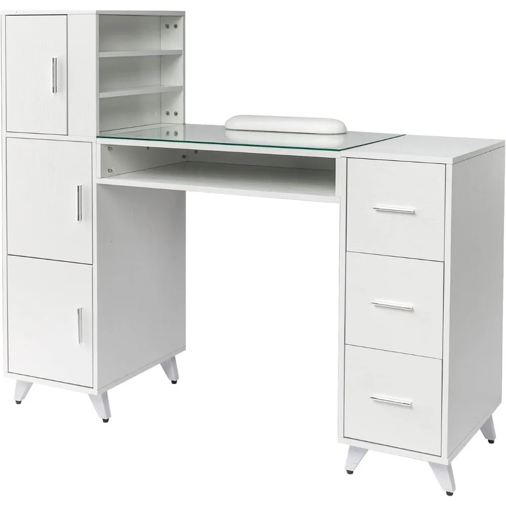 Nail table with glass top and wrist rest, 3 side cabinets+3 drawers+3 open cabinets+1 open drawer