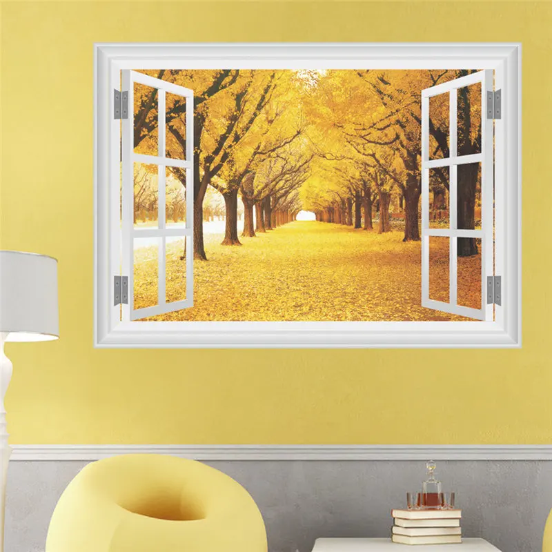 Yellow Tree Leaf Road 3d Window Wall Stickers Living Room Bedroom Decoration Scenery Mural Art Diy Home Decal Landscape Poster