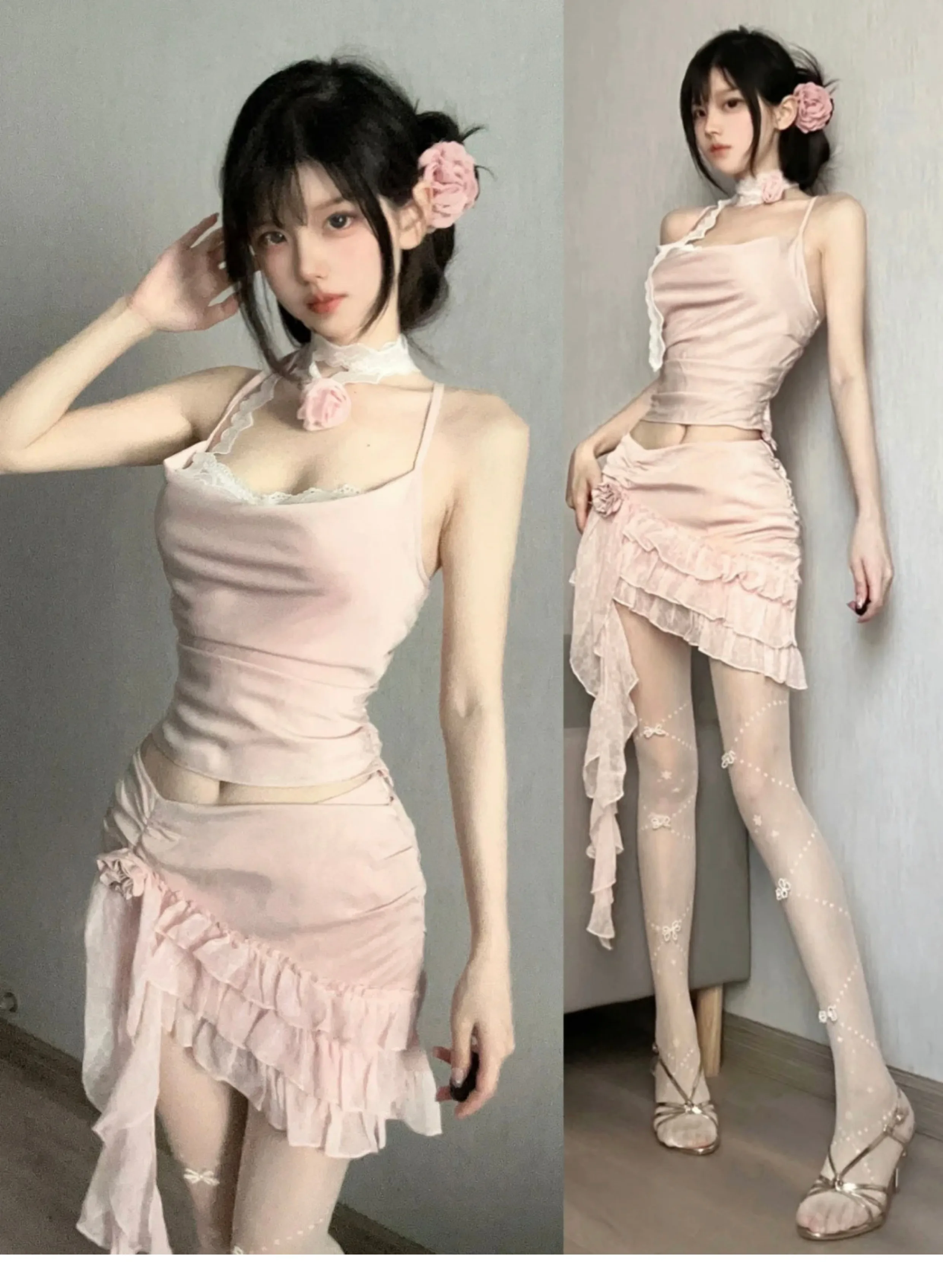 

Pure Desire Sweet Spicy Sleeveless Lace Patchwork Backless High Waist Asymmetrical Half Skirt Trendy Fashion Set for Young Women