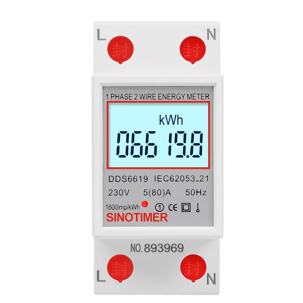 DDS6619-008 1 Phase Two Wire Wattmeter Power Consumption Energy Electric Meter LCD Digital Backlight Display KWh AC 230V 50Hz