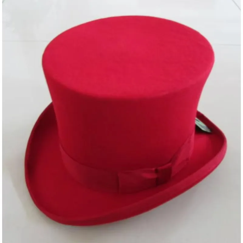 Red 18cm High Top Cylinder Hat Wool Felt Flat-crowned Hats Steampunk Costume Sombrero Bowler Hoeden for Women Lady Girl Toppper