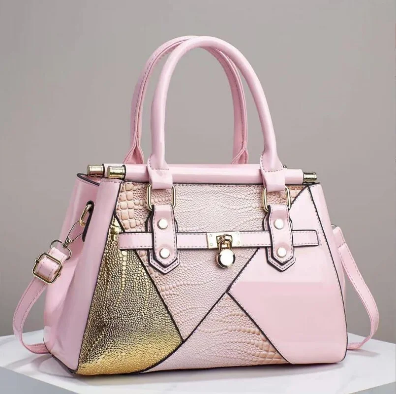 Spliced Bright Leather Large Capacity Single Shoulder Diagonal Straddle Women's Bag Crocodile Patterned Handbag PU Crossbody Bag