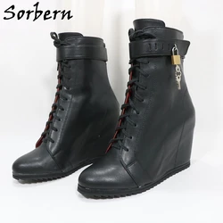 Sorbern Black Matte Ankle Boots For Women Wedges Lockable Ankle Straps Round Toe Shoes Rubber Soles Booties Unisex Custom Color