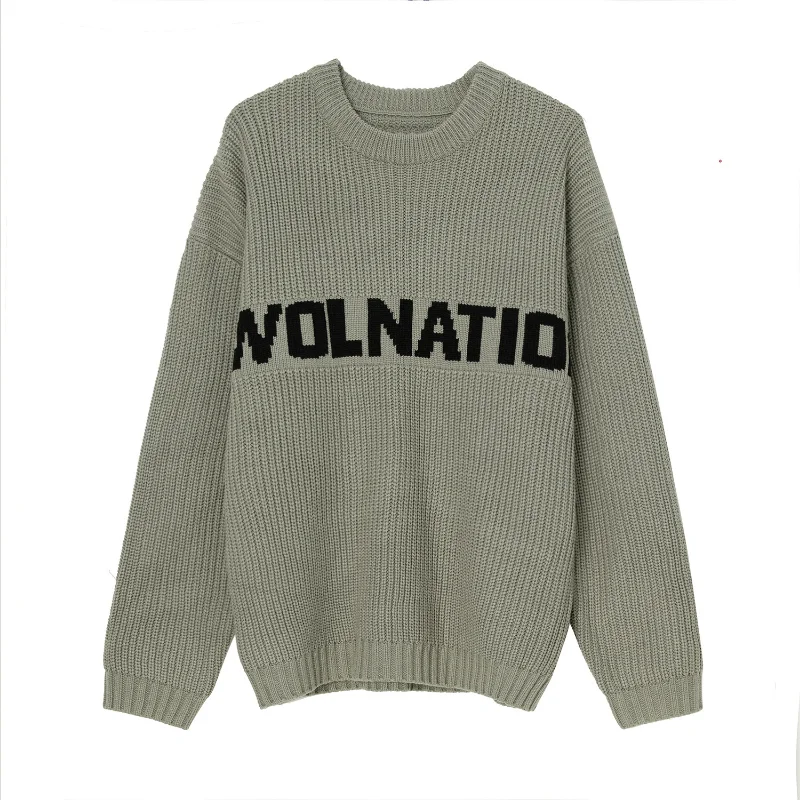 

Men Loose Knit Round Neck Lettered Sweater Pullover Long Sleeve Top for Mens Spring and Autumn New Products