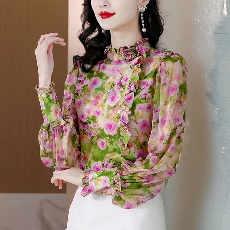 #2543 Floral Printed Blouse Women Ruffles Collar Vintage Blouse Femme Lantern Long Sleeve Retro Ladies Tops And Blouses Spring