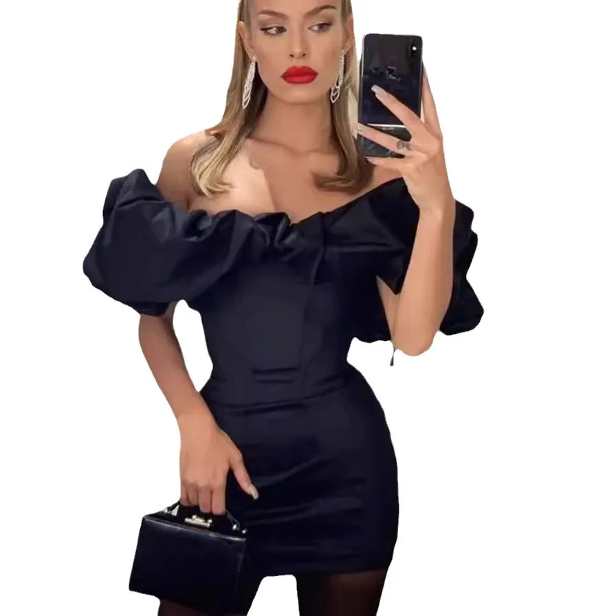Summer Fashion Women Sexy Camis Mini Dress Solid Puffed Neck Short Dresses Silm Off Shoulder Shirt Coquette Casual Y2k Clothes