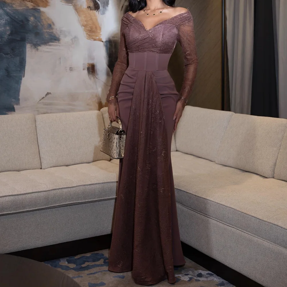

Customized Temperament Straight Floor Length V-Neck Jersey Long Sleeves Pleats Evening Dress Classic vestidos para mujer