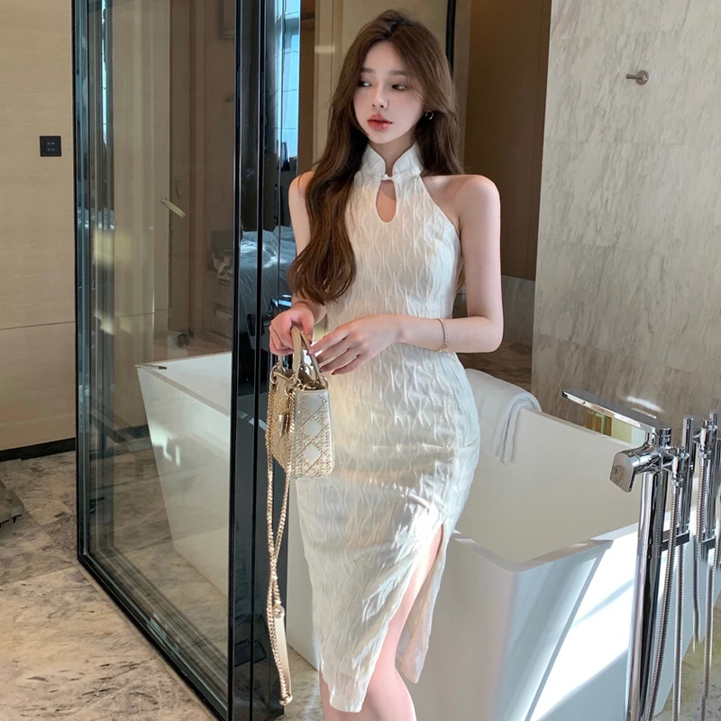 

Women White Elegant Qipao Chinese Style Slim Cheongsam Korean Fashion Sleeveless Evening Dress Vintage Vestidos Party Dresses
