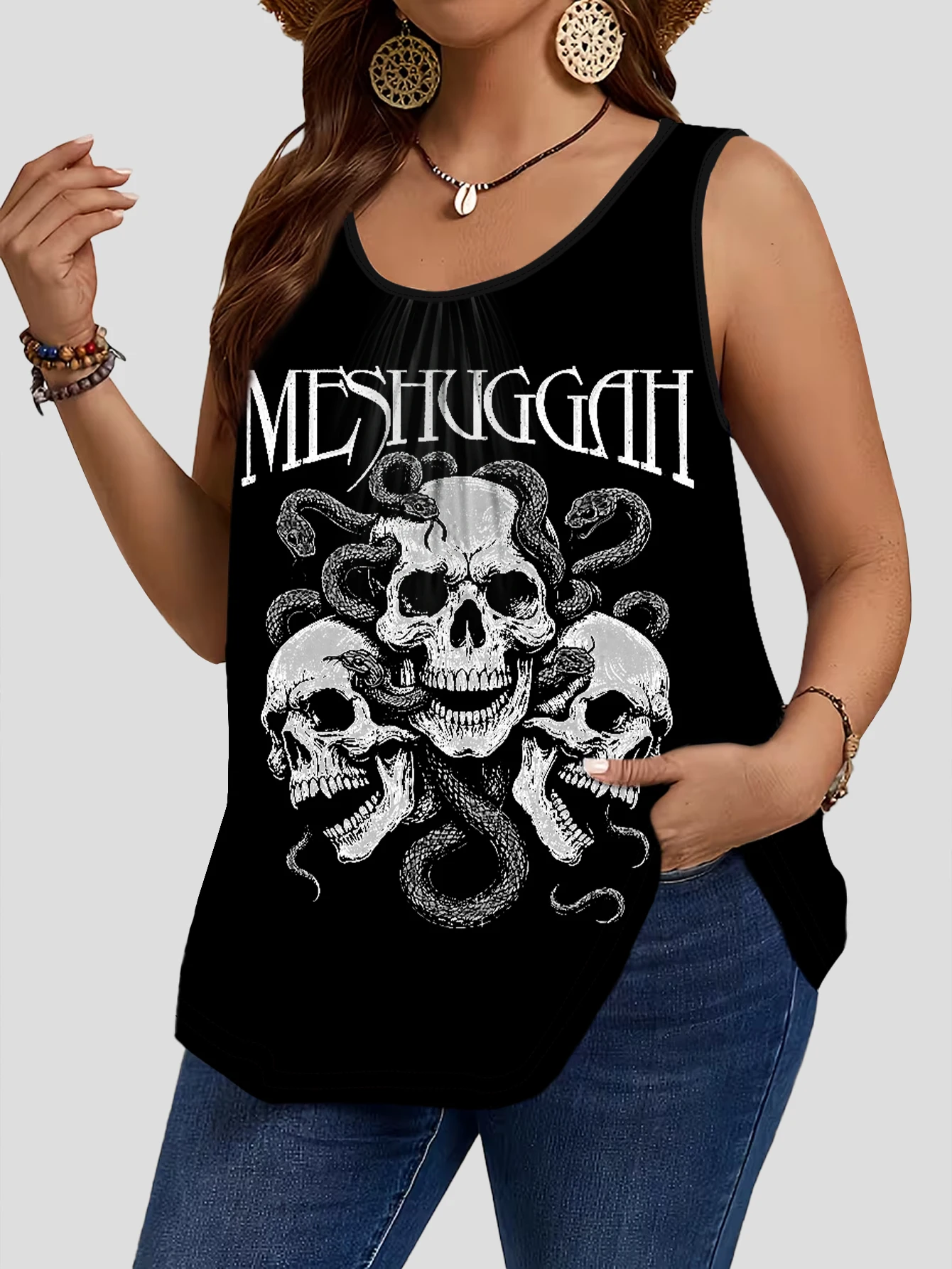 3-Piece Set of Plus-Size Women's Rock Band Snake Print Skull Vintage Art Print Tank Tops, Round Neck Loose Sleeveless Tops 4