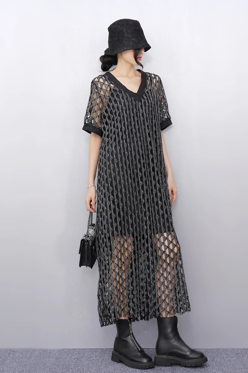 2025-春夏の新ファッションエレガントな視点漁網ルーズロングドレス女性半袖ドレスレディース卸売-j961