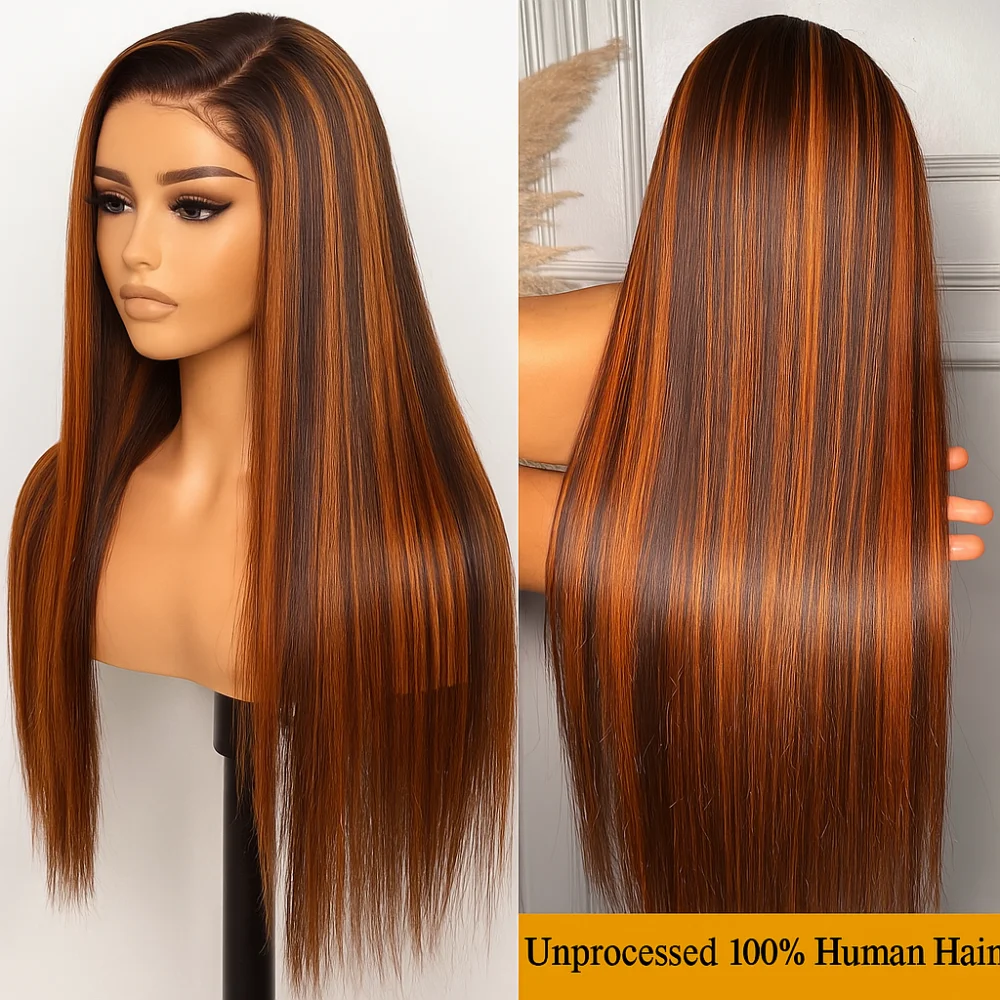 200 densidade wear and go destaque marrom peruca sem cola 5x5 renda transparente cor gengibre em linha reta cabelo humano pré corte peruca para mulher