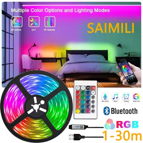 Bande lumineuse LED USB 5V, 1-30M, avec Bluetooth, télécommande à 24 touches, lampe flexible RGB, bande de diodes pour décoration de chambre, rétro-éclairage de télévision