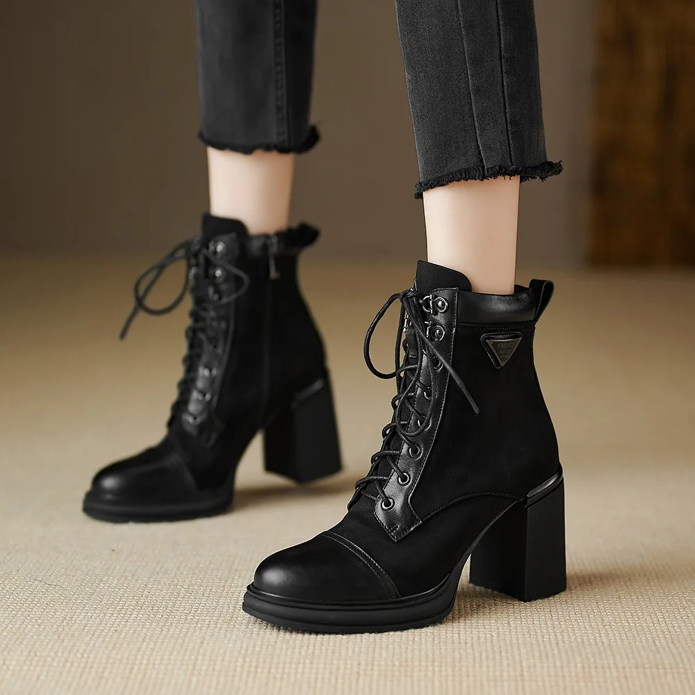 Aucegi New Brand Women\'s Thick High Heels Ankle Boots Round Toe Retro Side Zipper Versatile Casual Lace Up Quality Leather Shoes