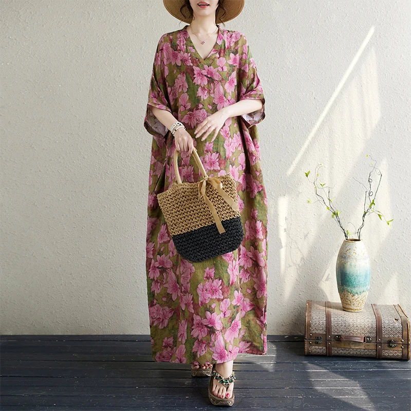 حجم كبير الصيف الأزهار Vaion Sle السفر V-Ne الرجعية طويلة الدكتور اللحوم إخفاء القطن الكتان الدكتور الملابس النسائية