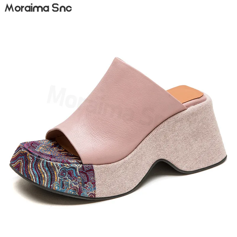 

Patterned Thick-Soled Fish-Mouth Mule Slippers Round Toe Fashionable Height-Enhancing Slippers Wedge-Heeled Casual Shoes