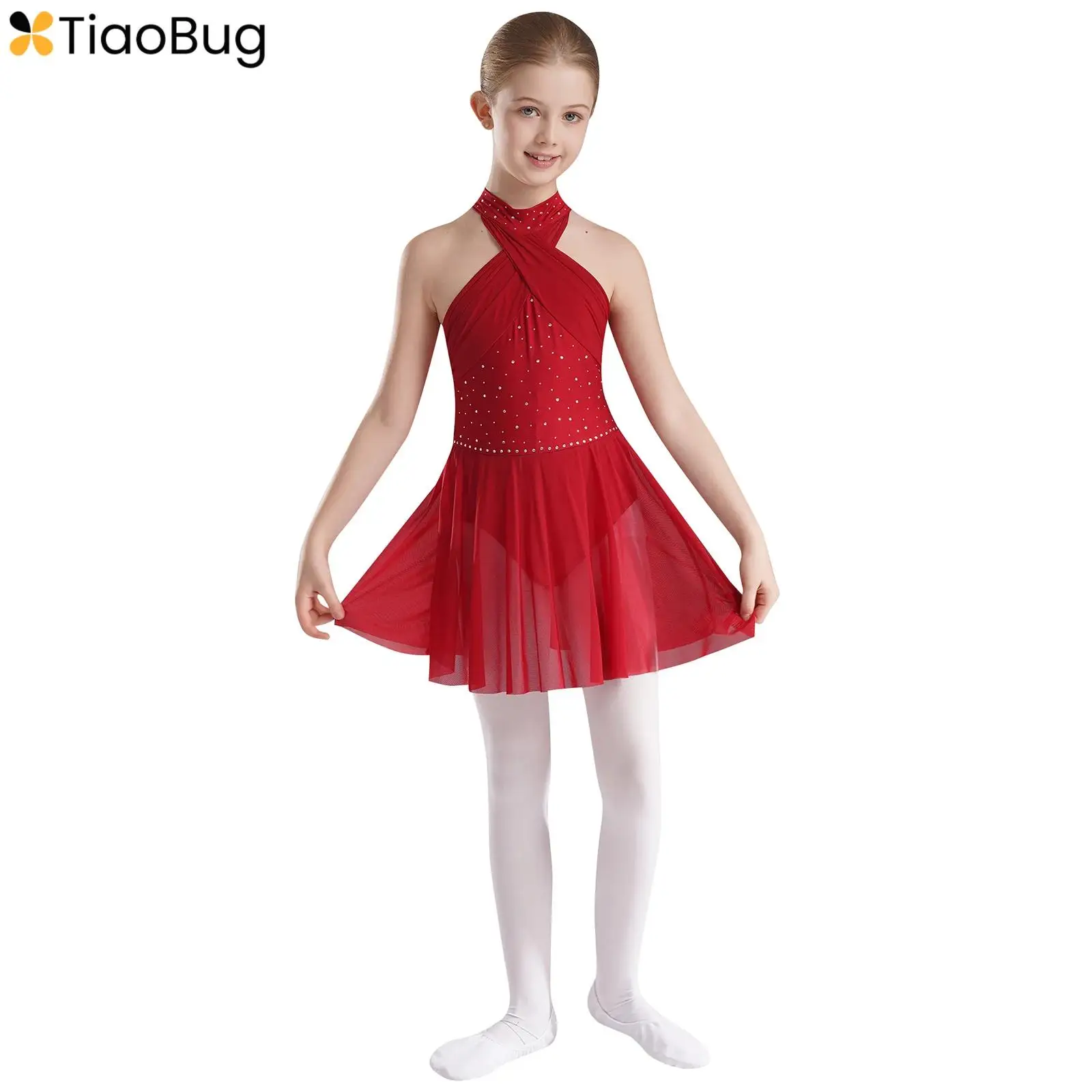 ชุดเดรสเต้นรำสำหรับเด็กผู้หญิง ประดับด้วยคริสตัลวิบวับ ผ้าตาข่ายไขว้ แขนกุด เหมาะสำหรับการแสดงบนเวที