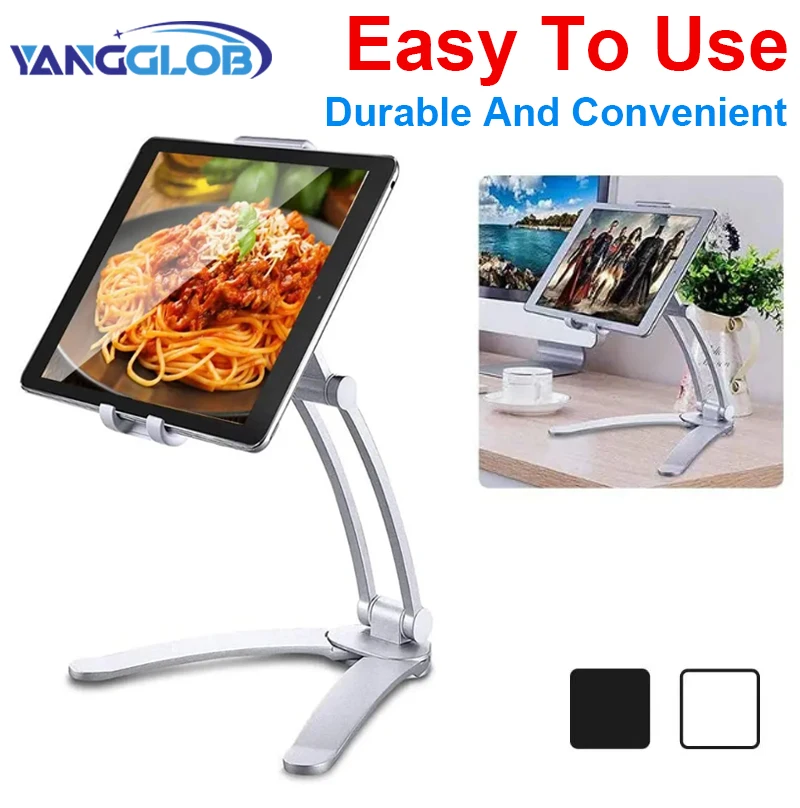 Kitchen Cabinet Tablet Holder 2 in 1 Wall Mount Desktop Stand with Aluminum Alloy Metal Adjustable Multiangle Foldable Universal