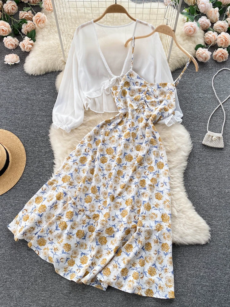 女性の夏の花のドレス,休暇のスタイル,シフォンの日焼け止めシャツ,一時停止されたドレス,人気の2ピースセット