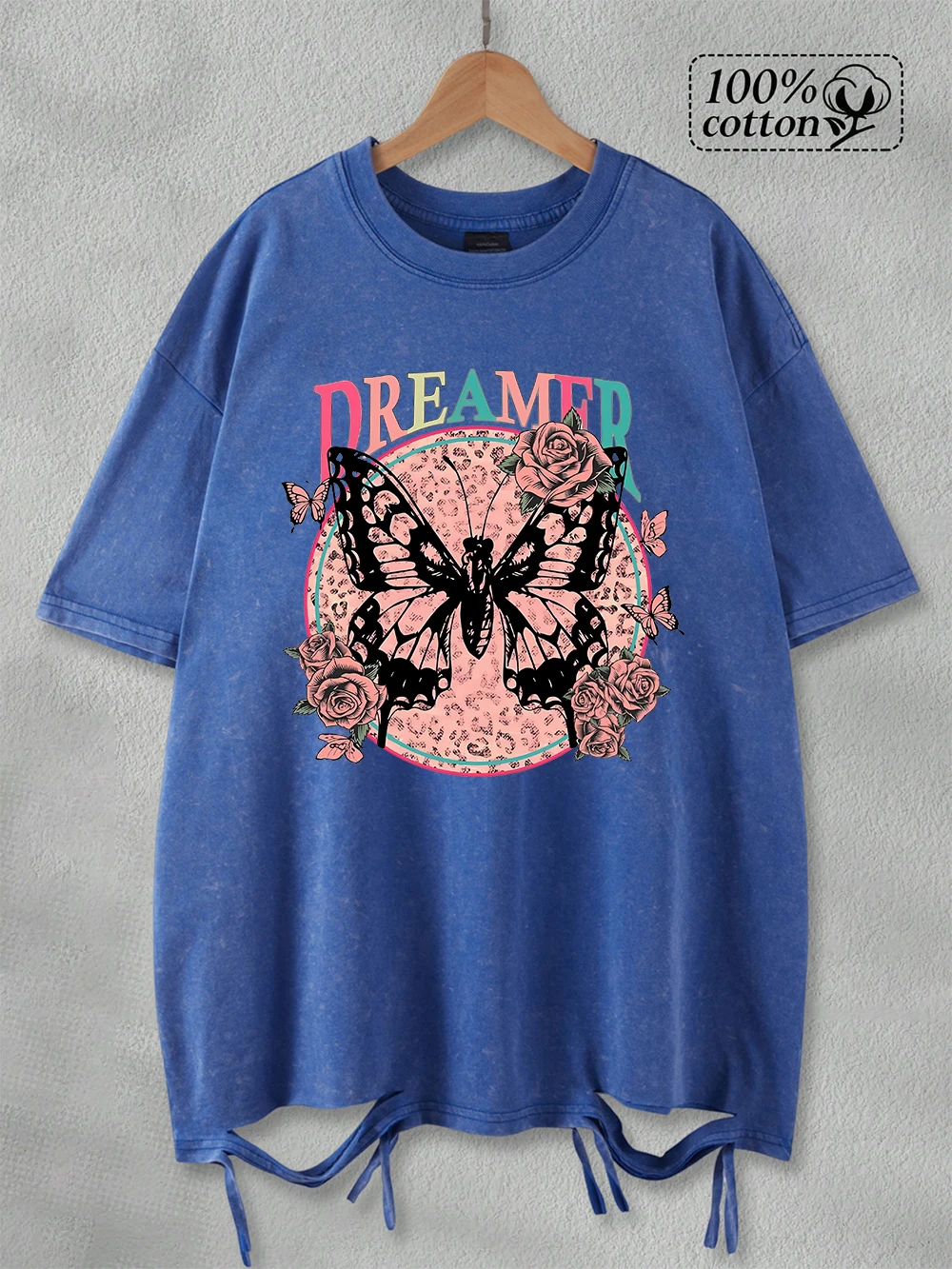 

100% Cotton Washed T-Shirt Women Oversized Dreamer Butterfly Printing Tops O-Neck Distressed Holes Streetwear Summer Clothes