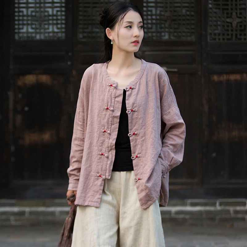 

Women Long Sleeve Cotton Linen Shirt New Arrival 2025 Autumn Vintage Style O-neck Plain Color Female Casual Tops Shirts M1968