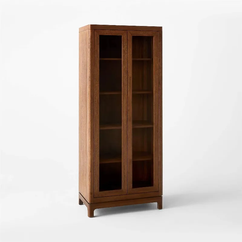 Minimalist design high cabinets with glass doors and front display, home catering office solid wood bookshelves