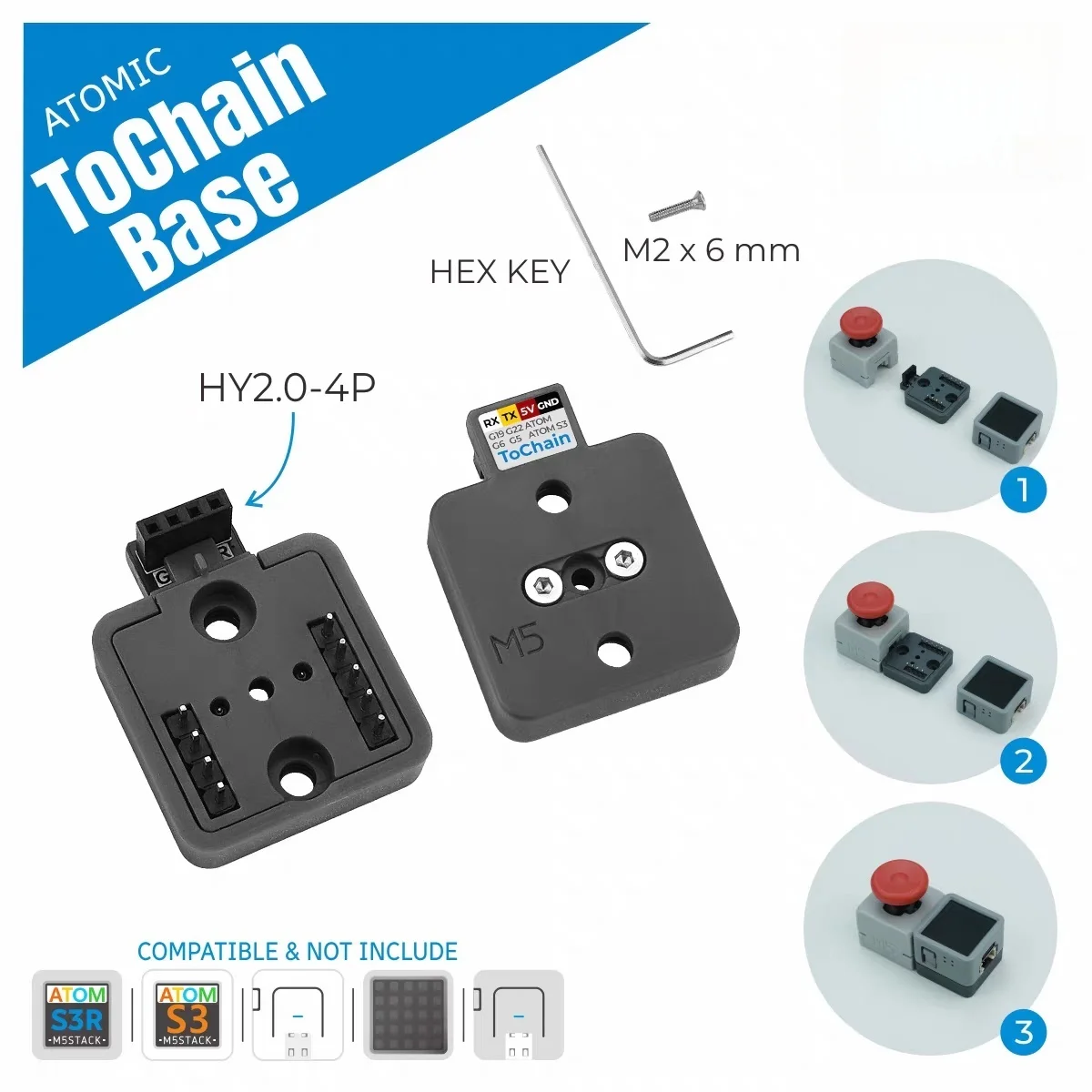 The official M5Stack Atomic ToChain Base is an Atom series to Chain interface adapter board.
