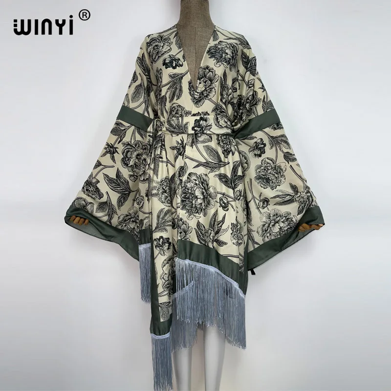 

2022 WINYI blog Women beach swimsuit tassel Cardigan Long Dress cover up Party Bohemian African Holiday elegant Summer kimono