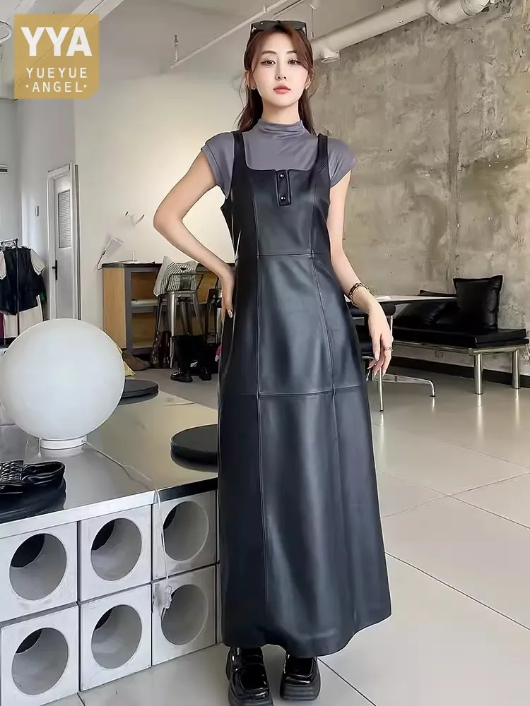 New Sleeveless Genuine Leather Dress Women High Waist Slim Fit Elegant Tank Dresses Lady Black Real Sheepskin Strap Long Dress