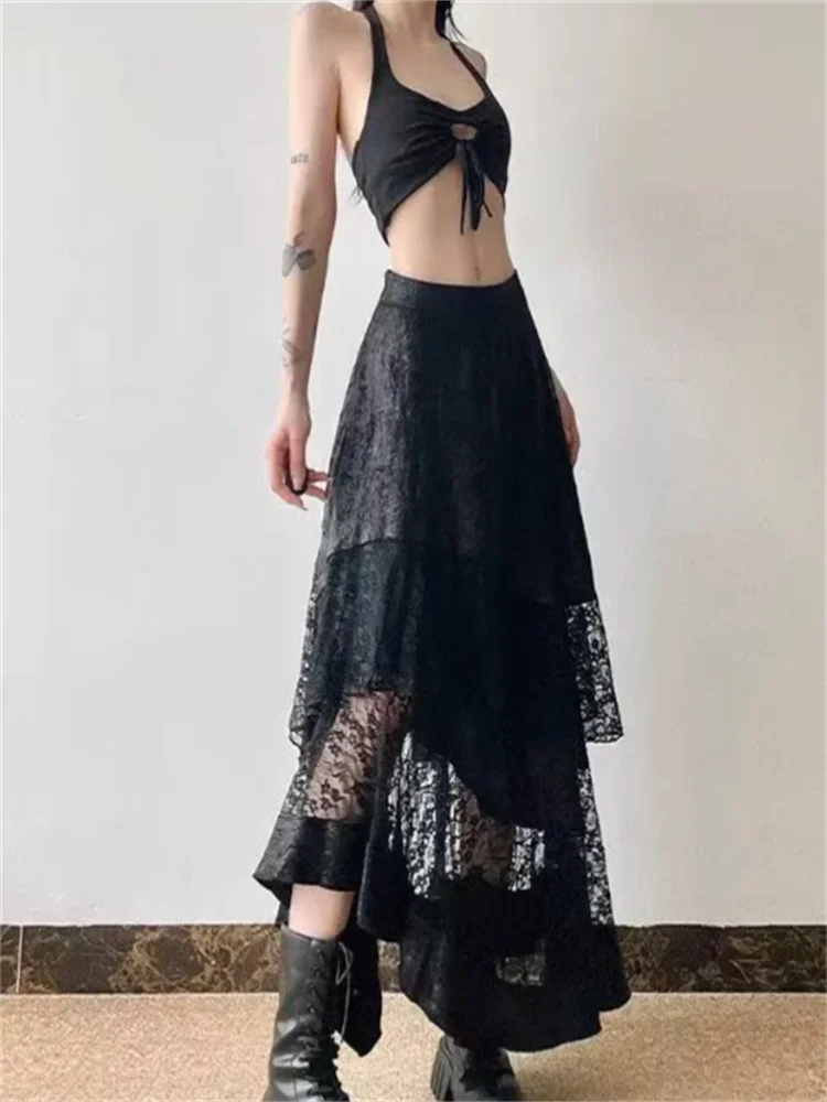 Sexy Half length Skirt Ladies Botton Summer Clothes Black Lace Splicing Irregular High Waist Slimming Gauze A-line Skirt