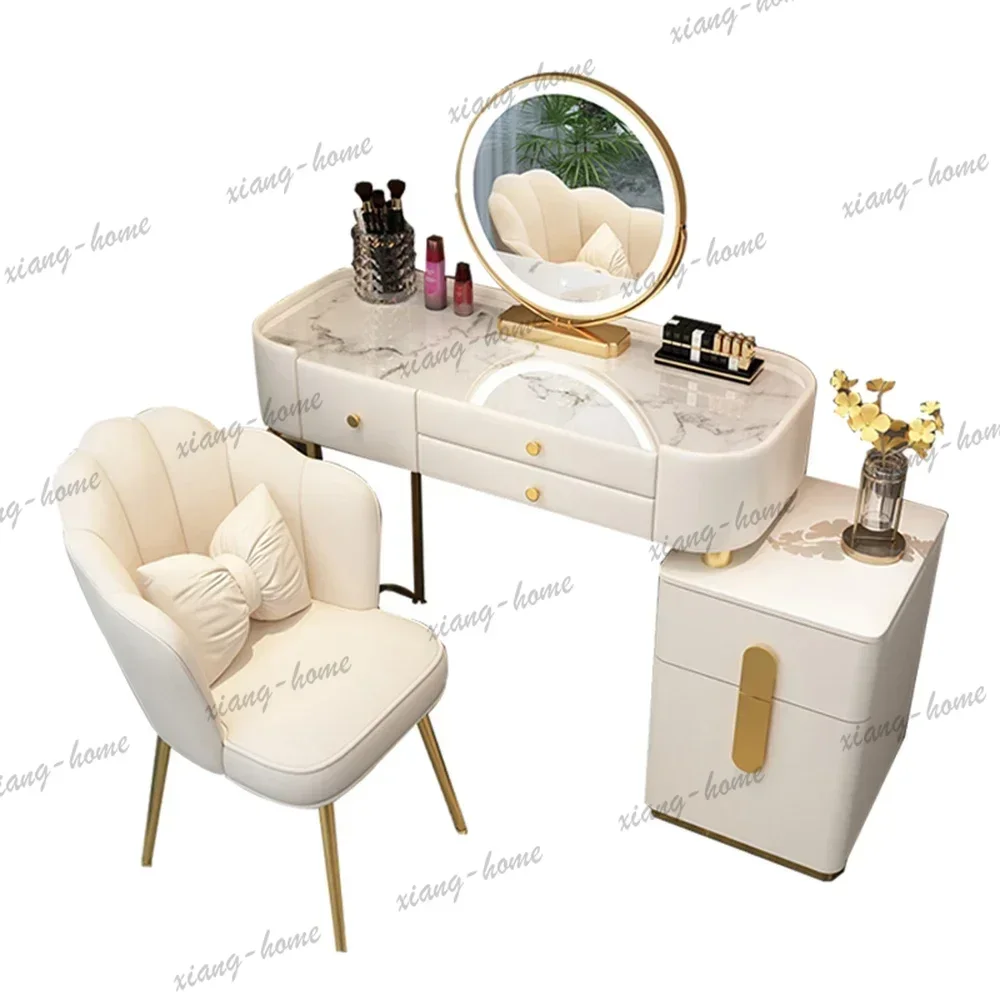 YJ Luxury Jewelery Storage Dressing Table Glass Top Girls Unique Makeup Mirror Beauty Dressing Table Light White Muebles Decorat