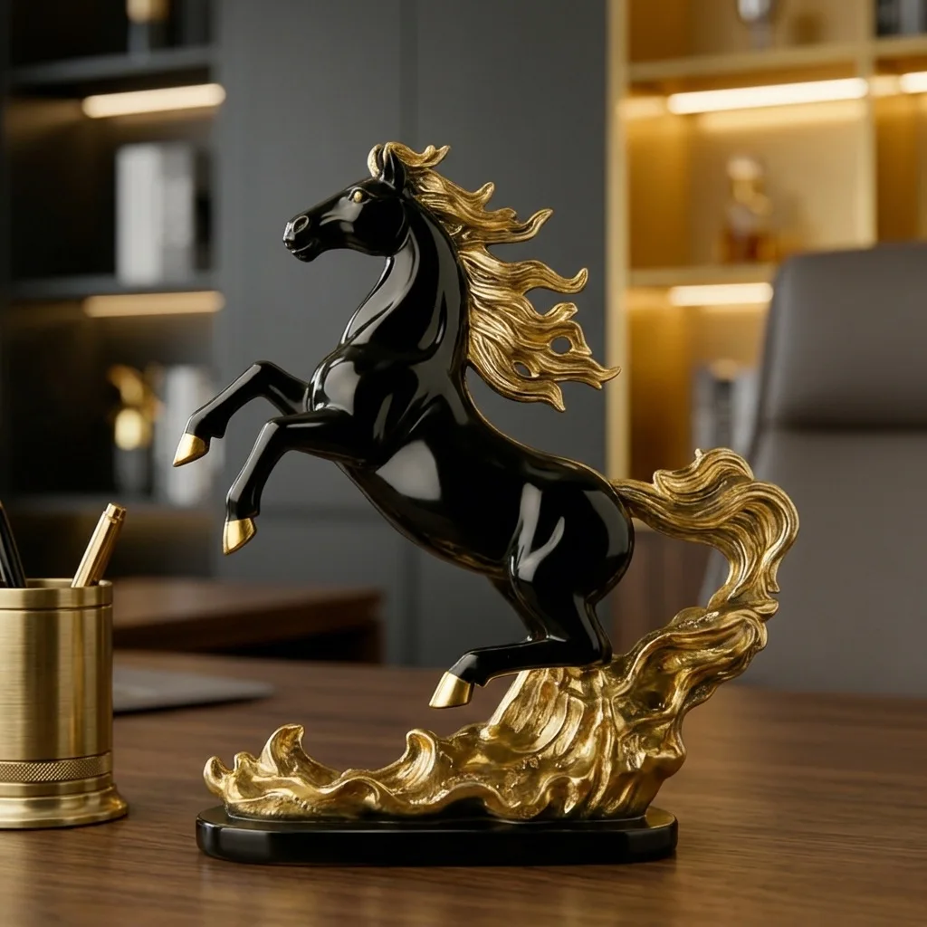 Figura de Caballo Dorado Vintage de Resina, Estatua de "Ma Dao Cheng Gong" para Mueble de TV, Escritorio de Oficina, Decoración de Caballo Galopante Negro, Regalo de Inauguración