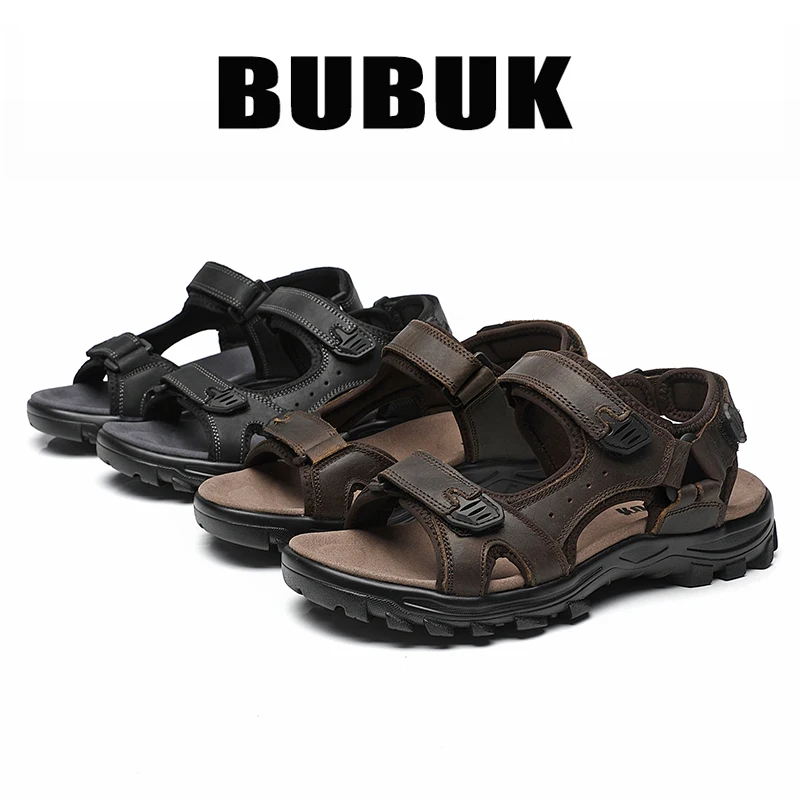 Bubuk Herren Outdoor-Freizeitsandalen aus hochwertigem Rindsleder, modisches und vielseitiges offenes Design, für alle Jahreszeiten anpassbar, bequeme flache Strandschuhe, Herren-Wasserschuhe. – Detail 1