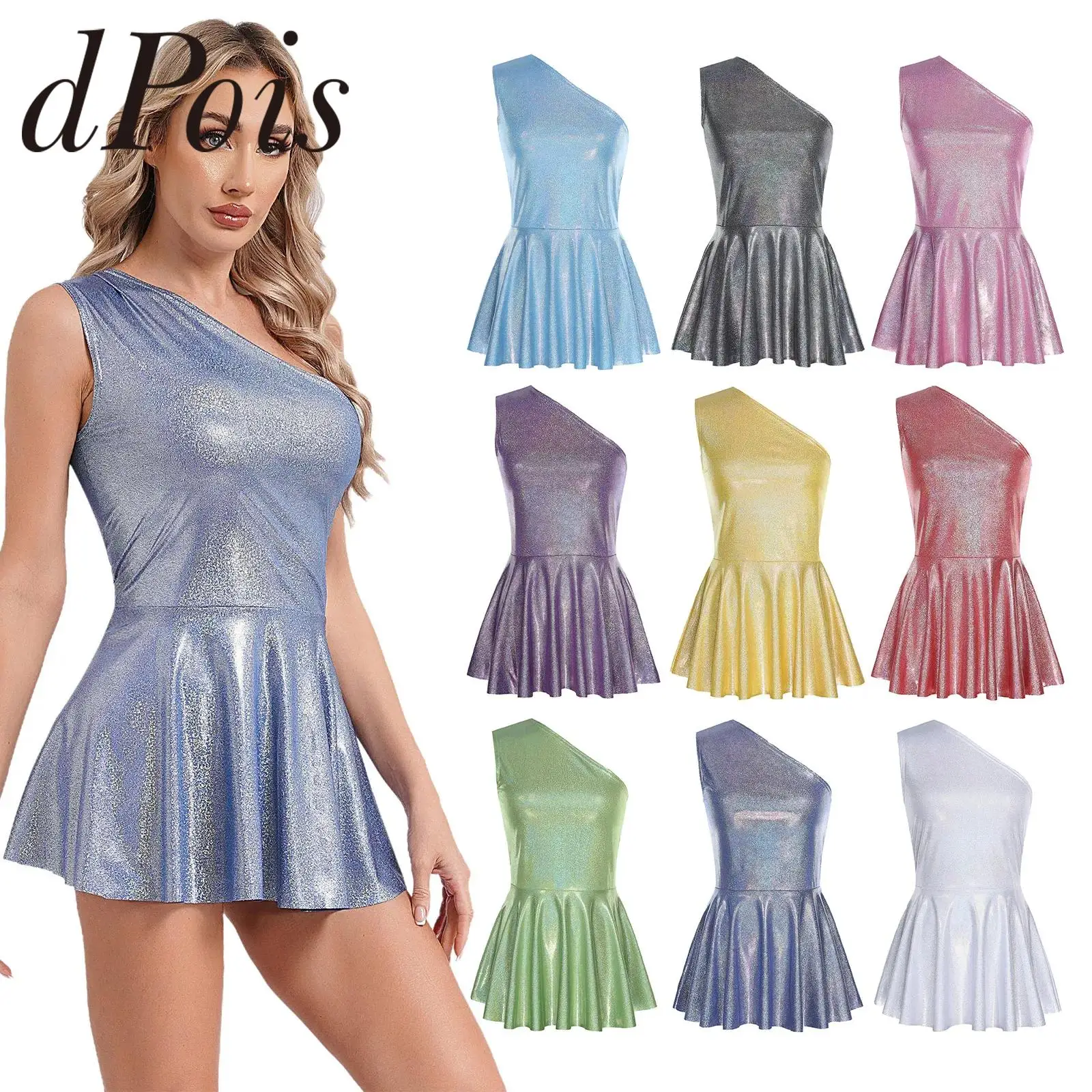 Womens Sleeveless Metallic Dress One Shoulder Cheerleading Dance Dress for Pole Dance Party Stage Performance Costumes Dancewear