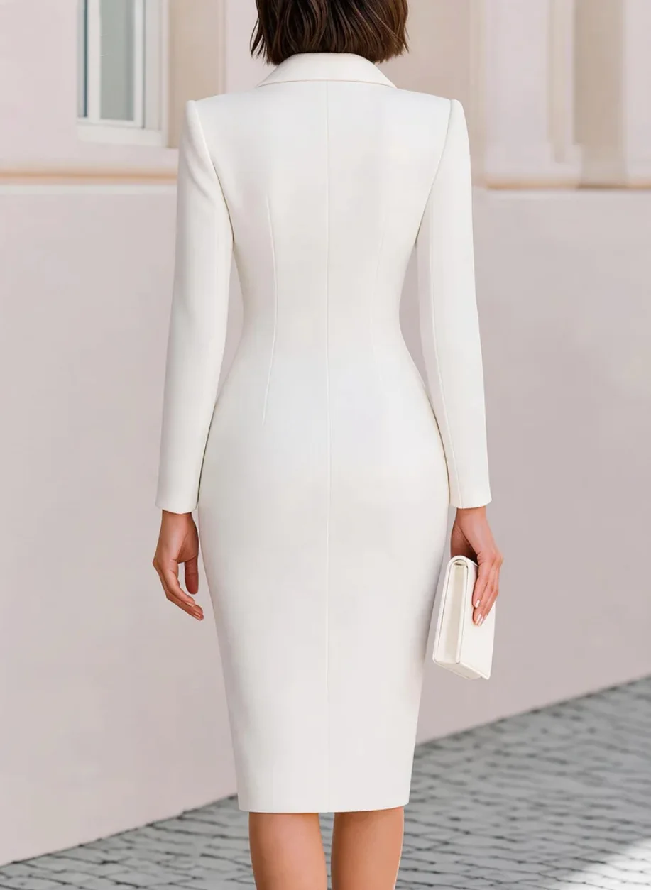 Waist Cinched One Button Dress Slim Simple Fashionable Autumn Winter Commuting Style Long Sleeved High Waisted Lapel Long Dress