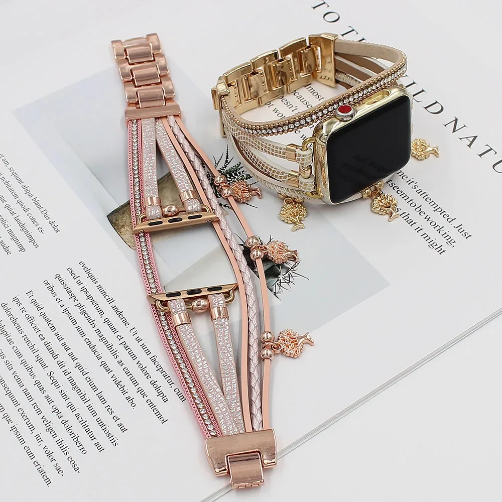 

Ремешок в богемном стиле для Apple Watch ultra 2, роскошный кожаный браслет для iwatch series 9 8 7 5 4 6 SE, 44 мм-41-42 мм