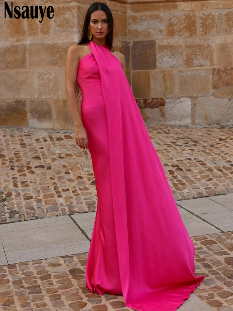 Nsauye新作ファッションサテンエレガントリボン付きネックハンギングフィッシュテールドレス レディースロングセクシーイブニングパーティーシックレディースクラブドレス2025