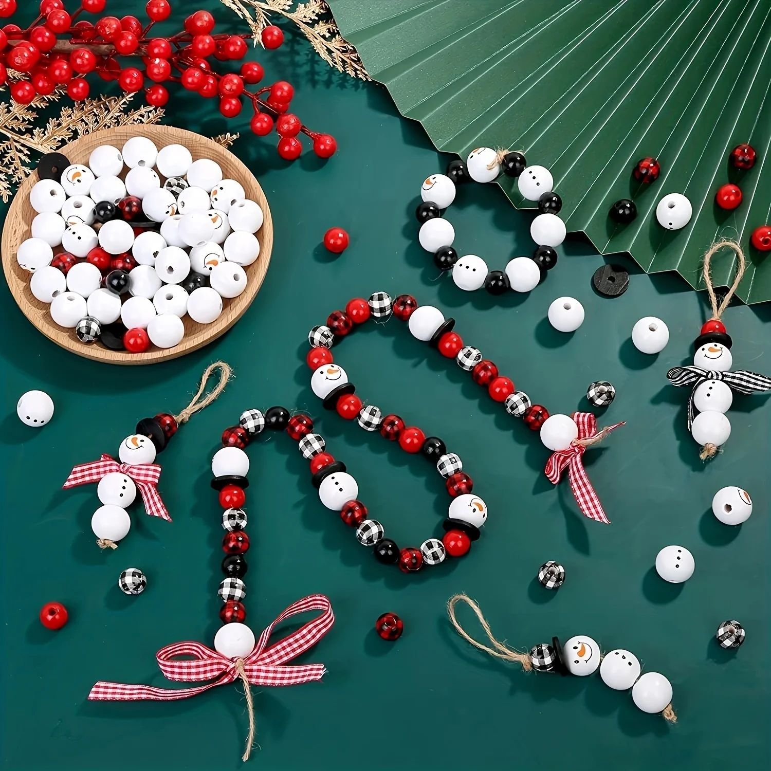 DIY Christmas Snowman Wooden Bead Set Christmas Decoration Bracelet Necklace Making Wooden Bead Plaid Spacer Beads Combination