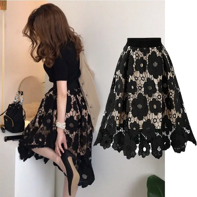 Women's Halter Skirt High Elastic Waist Hollow Lace A-Line Large Swing Elegant Women's Commuter Party Long Skirt