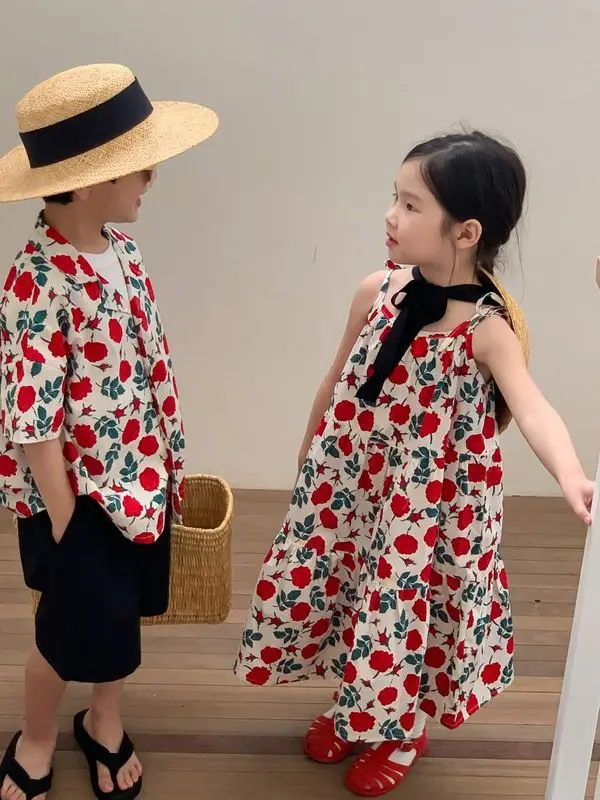 Siblings Outfit Children Summer Girls Retro Floral Suspender Dress Boys Short Sleeved Floral Shirt Set Siblings Outfit