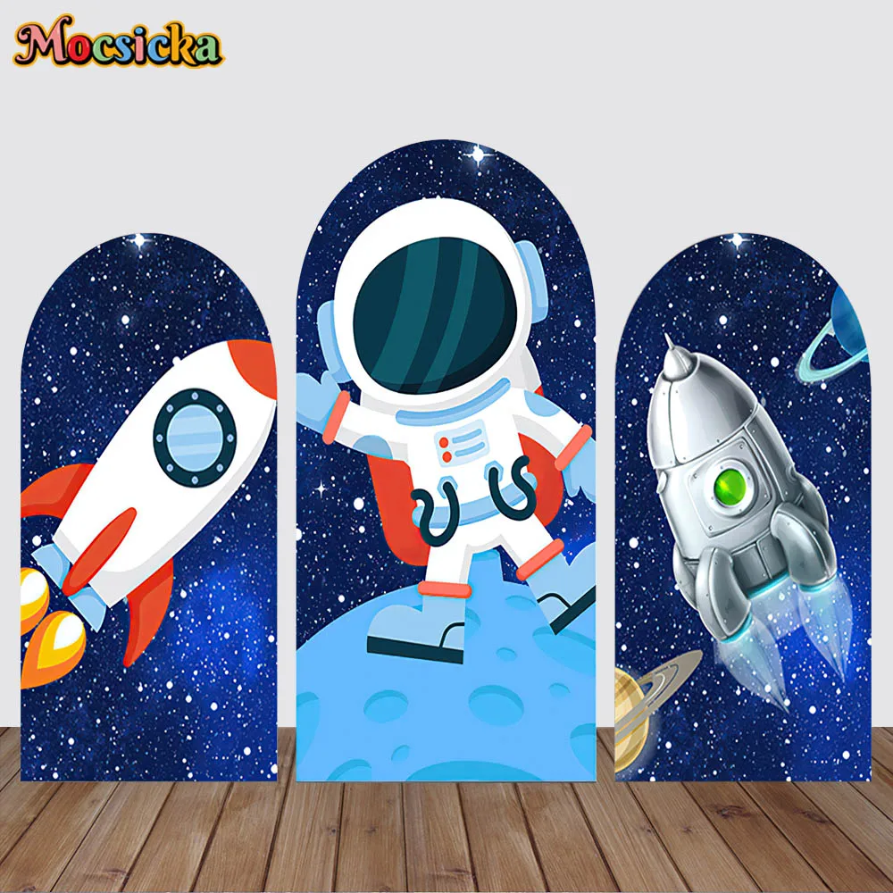 Outer Space Astronaut Arch Double-Sided Fitted Top Covers Galaxy Boy Birthday Baby Shower Backdrops Decor Background Photo Shoot